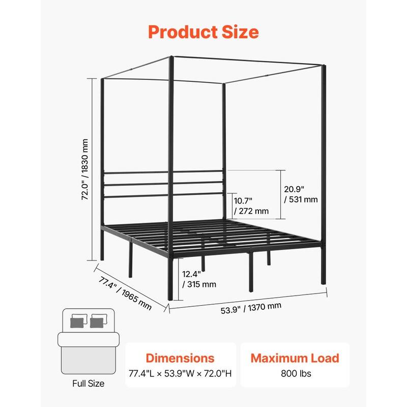 Modern Black Metal Canopy Bed Frame with 12.4 Inch Storage Clearance and Strong Weight Support