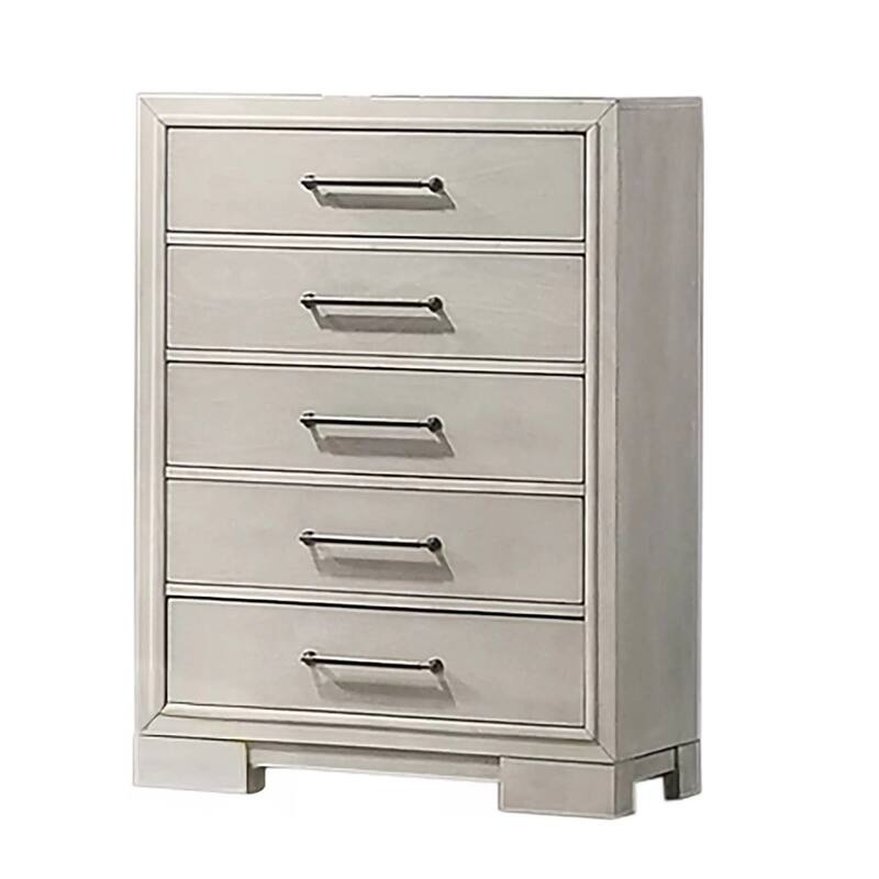 Simone Tall Dresser Chest, 5 Drawers, Antique White Wood Finish