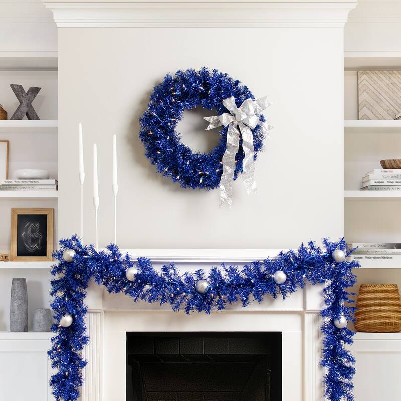 Pre-Lit Artificial Tinsel Christmas Wreath - 24" - Blue - Clear Lights