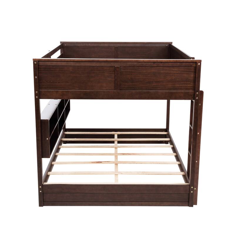 Queen Over Queen Bunk Bed with Storage, Charging Station, Ladder, Safety Rails, Solid Pine Wood, Brown