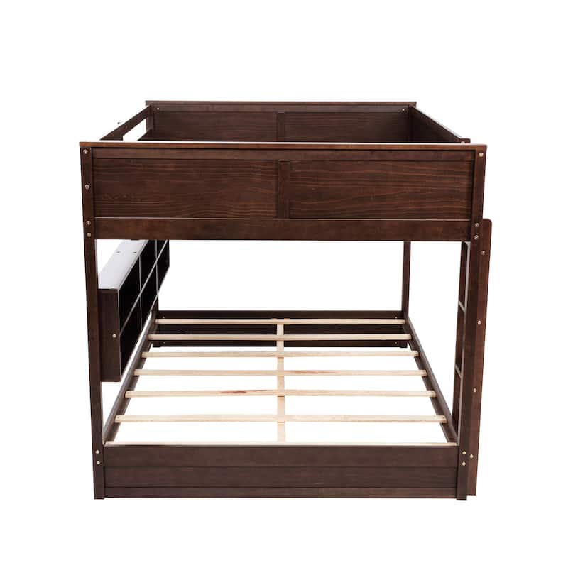 Wooden Queen Size Bunk Bed Frame with Charging Station and Storage Cabinets, Solid Pinewood Bunk Bed Frame, Queen over Queen