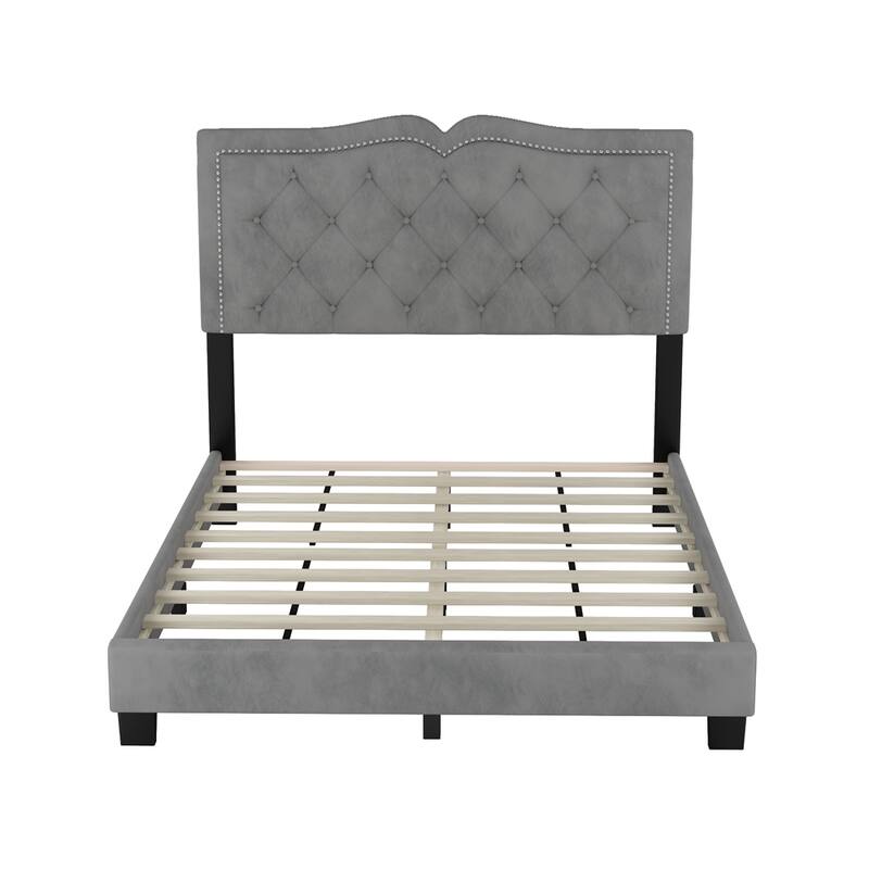 Full Size Upholstered Bed Frame with Rivet Design,Tufted Headboard