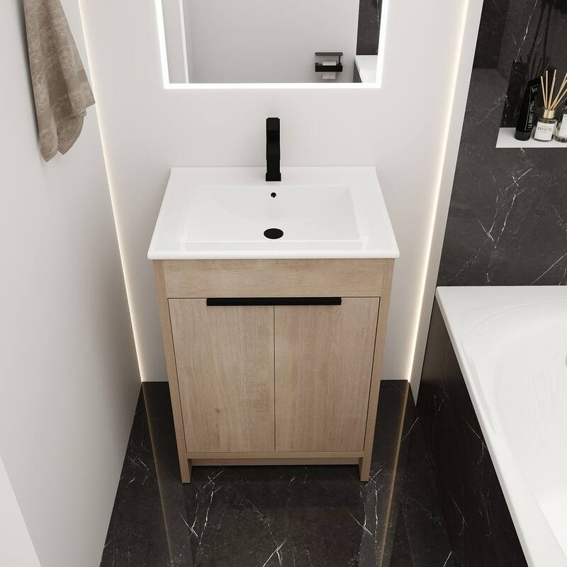 24", 30", 36" Freestanding Bathroom Vanity with White Ceramic Sink & Soft-Close Doors