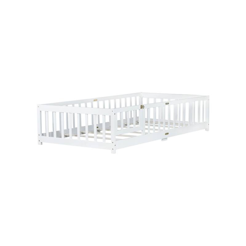 Roomfitters Twin/Full/Queen Rubber Wood Floor Bed with Fence and Swing Door, Safety Guardrails, Low Profile Design
