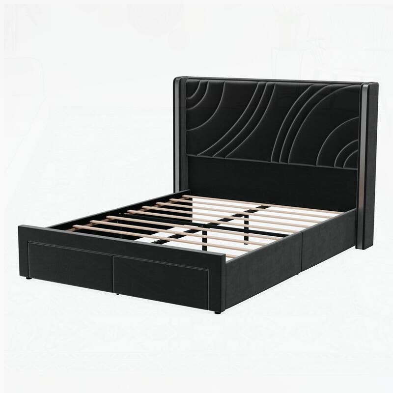 Velvet Platform Bed with Wingback Headboard and RGB Light