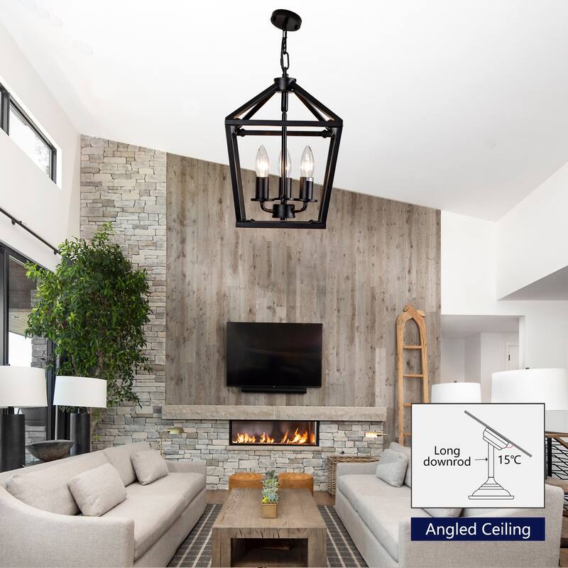 Farmhouse Lantern Chandelier 3-Light with Rustic Open Cage and Adjustable Hanging Height