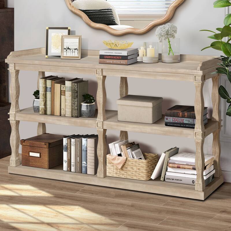 60" Console Table with 3-Tier Open Storage Shelves and Roman Column Support, Elegant Narrow Table for Entryway