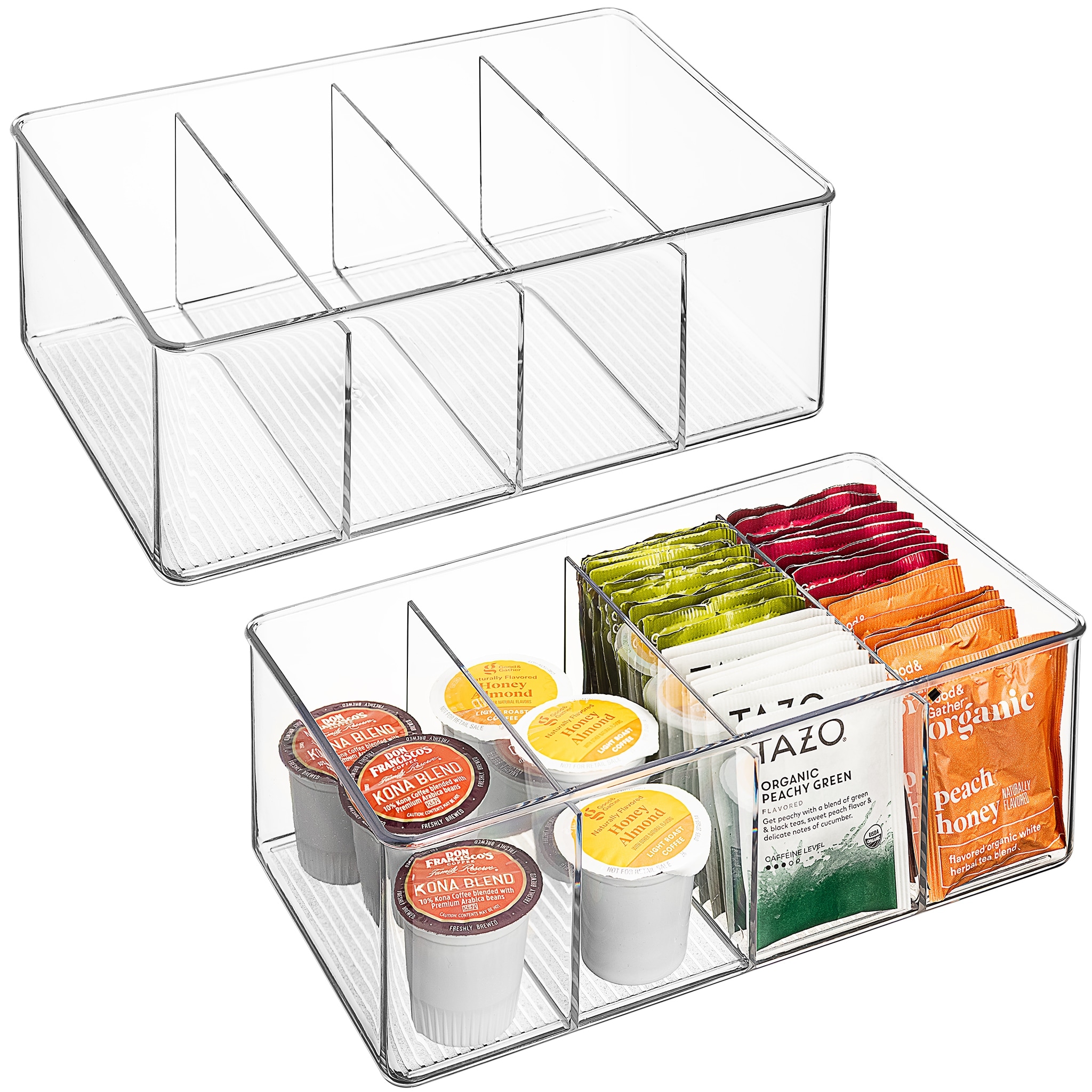 Sorbus Storage Bins with Dividers for Pantry Food & Kitchen Fridge, Clear Design (2-Pack) - 10.5" L x 6" W x 3.5" H