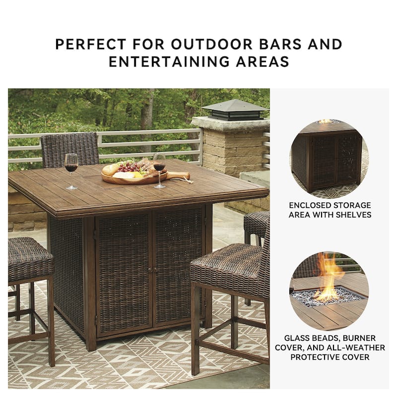 Signature Design by Ashley Paradise Trail Outdoor Medium Brown Square Bar Table with Fire Pit