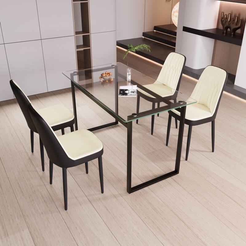 Modern Dining Set with Rectangular Glass Table & PU Upholstered Chairs