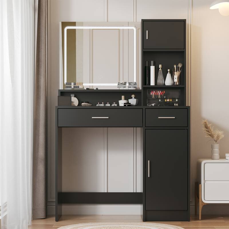 Modern Vanity Desk Dressing Table with LED Light Makeup Mirror for Bedroom - Black