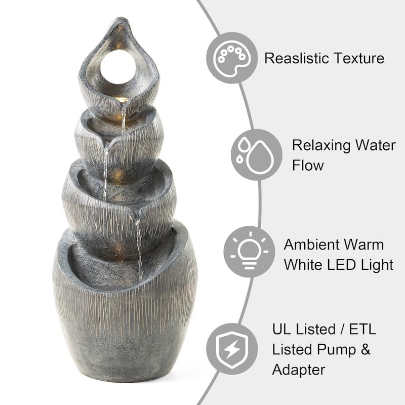 Glitzhome 34"H 4-Tiered Pre-lit Zen-Style Alms Bowl Polyresin Indoor Outdoor Floor Fountain