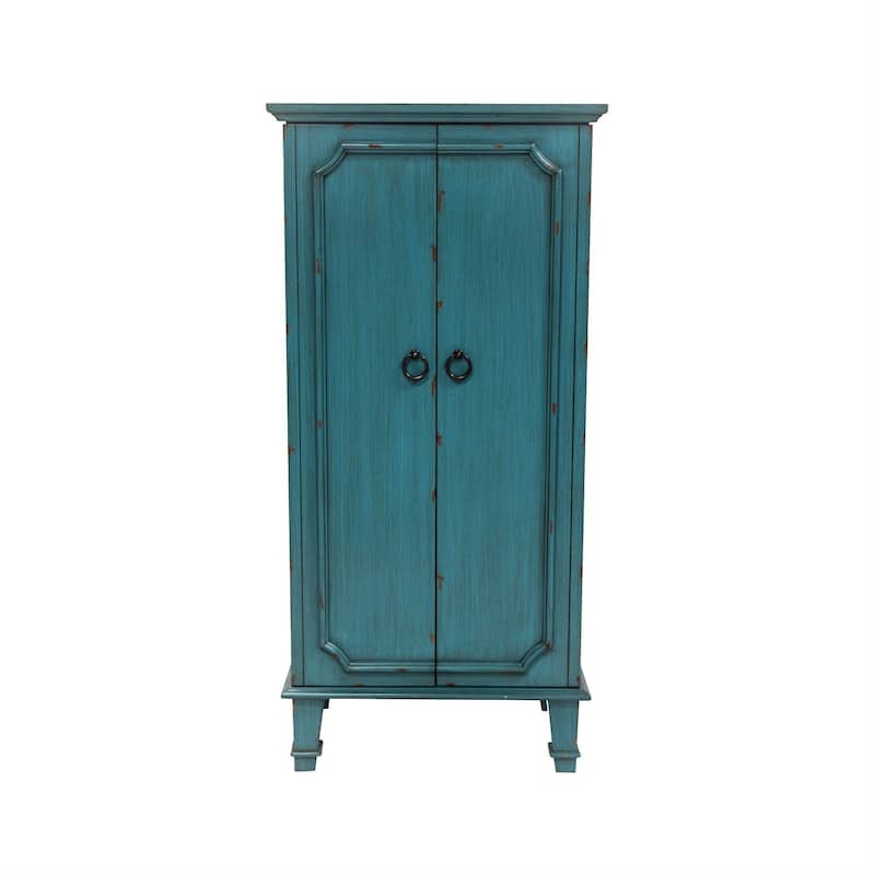 Vintage Turquoise Hand Painted Jewelry Armoire with Antique Drawer Pulls - 13.8 x 19 x 40 inches