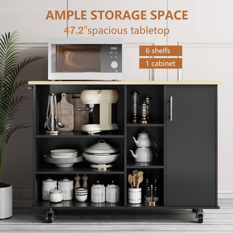 Futzca 47”W Kitchen Storage Island Cart with 6 Open Shelves and 1 Cabinet