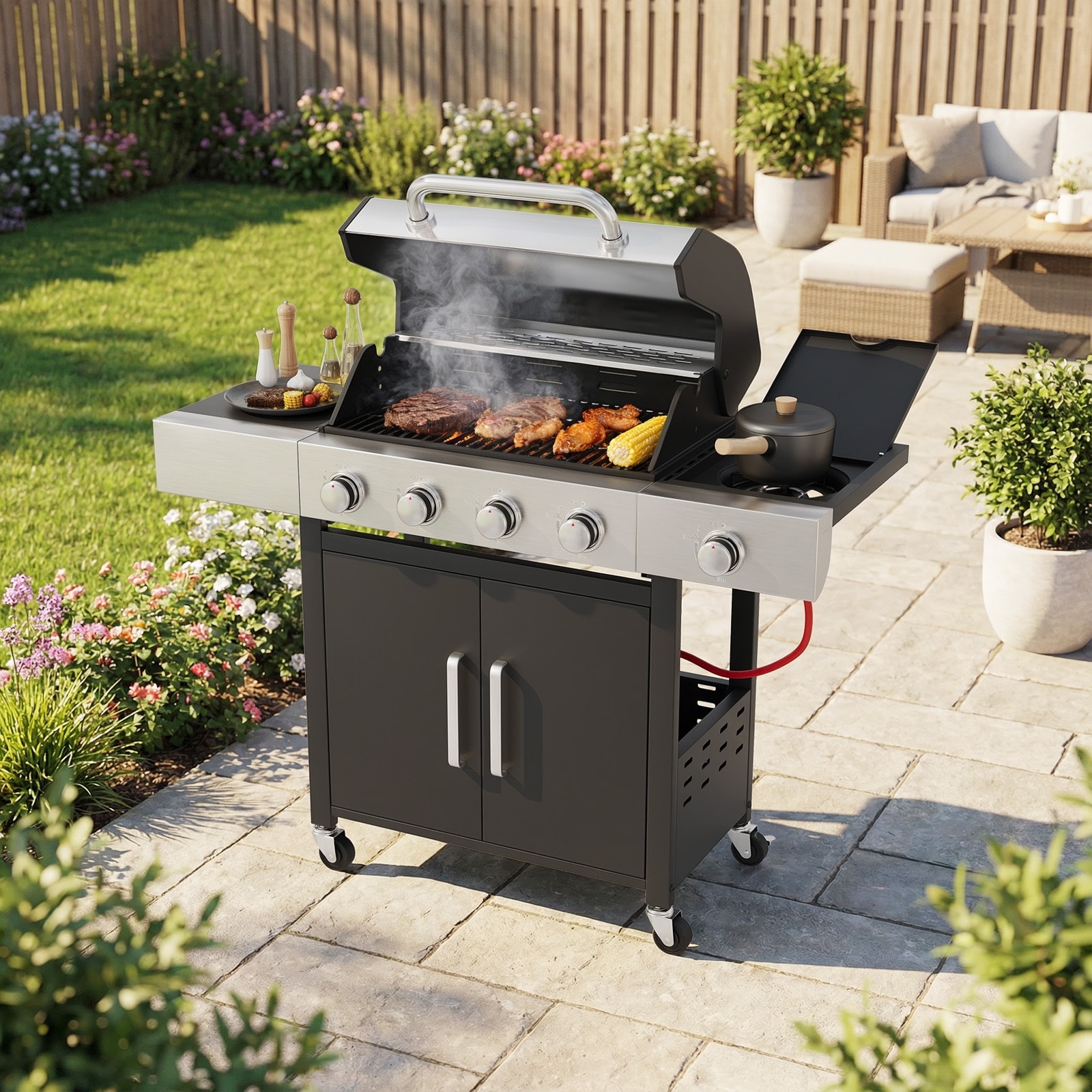 Pocassy Propane Gas BBQ Grill Barbecue Grill with Cast Iron Grate - Outdoor BBQ Grill with Side Burner