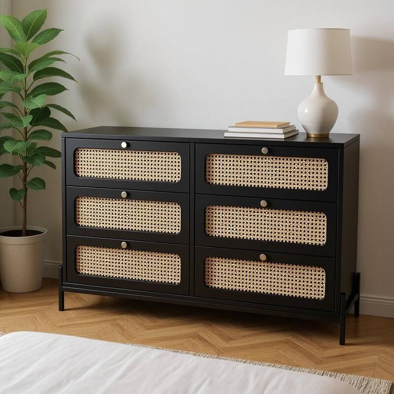 HomeRoots 47" Black Wood And Rattan Six Drawer Double Dresser - Black - 6-drawer