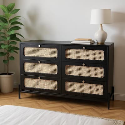 HomeRoots 47" Black Wood And Rattan Six Drawer Double Dresser