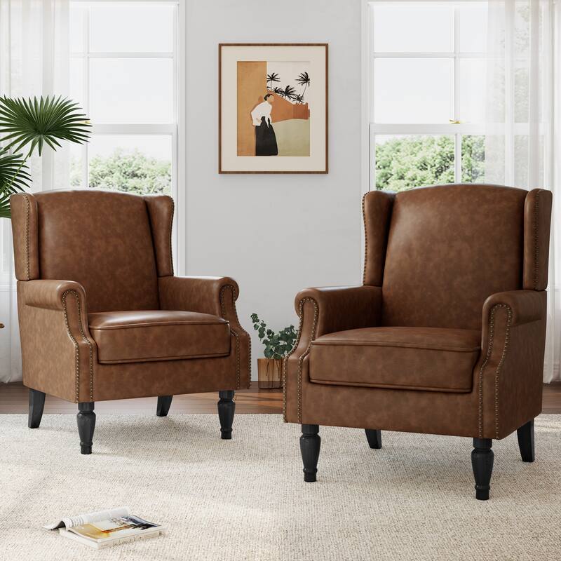 2 Set Modern Vegan Leather Wing Back Armchair - Brown