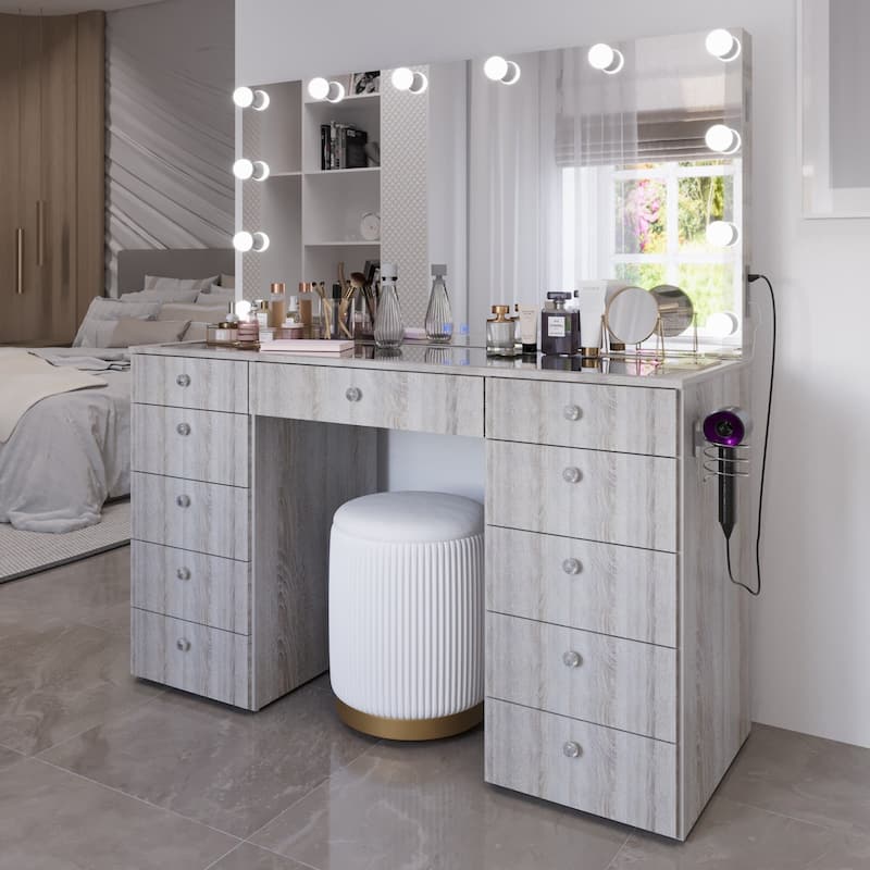Makeup Vanity Desk, Glass Top, 12 LED Lights BT Speakers & 11 Drawers
