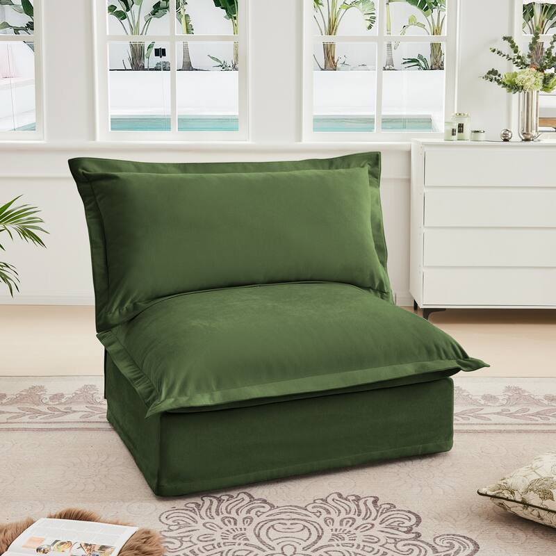 Armless Green Sofa in Chenille, 37x33x35 inches
