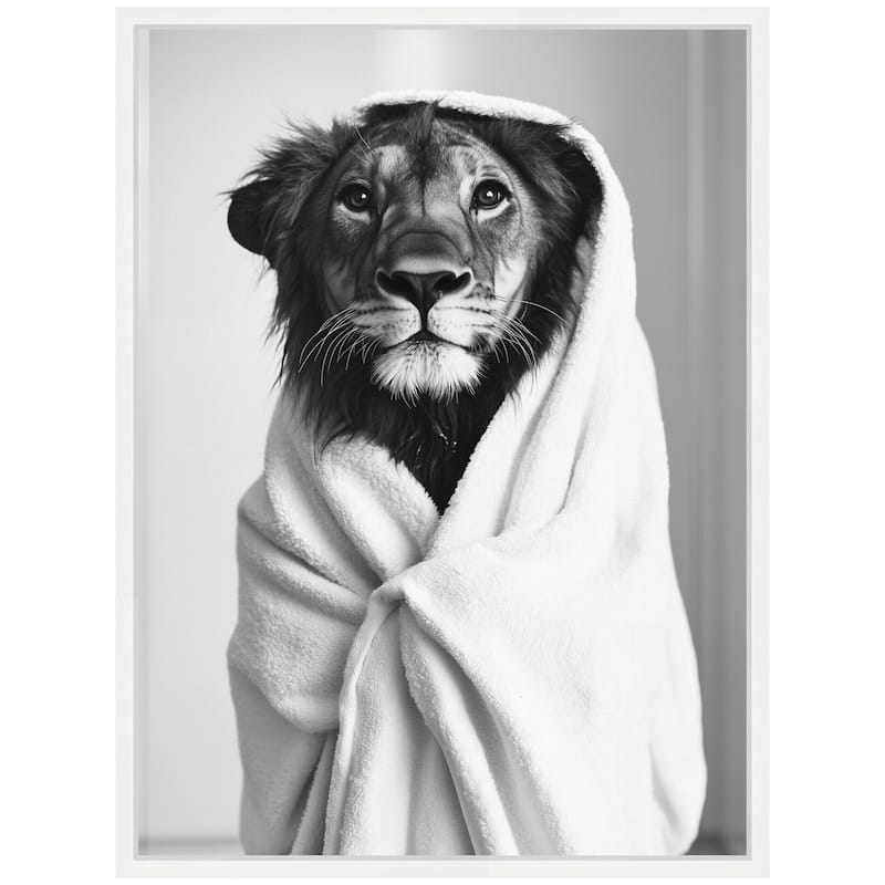 Kate and Laurel Sylvie Lioness Bathroom Art Towel Robe Black and White Framed Canvas by The Creative Bunch Studio