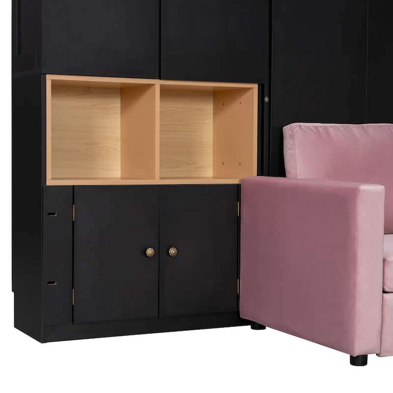 Queen Murphy Bed with Sofa and Cabinets Space Saving Sofa Wall Bed with Open Shelves and Dual Lights for Living Room Guest Room