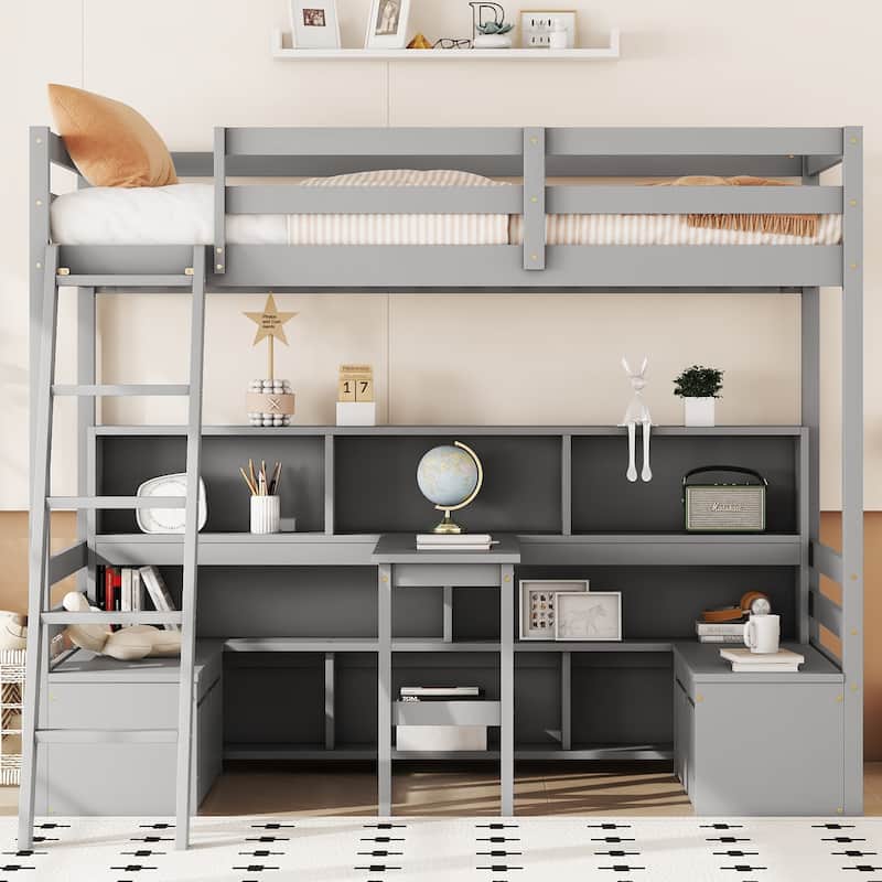 Grey Twin Loft Bed with Storage, Desk, and Seat for Kids' Room - Grey