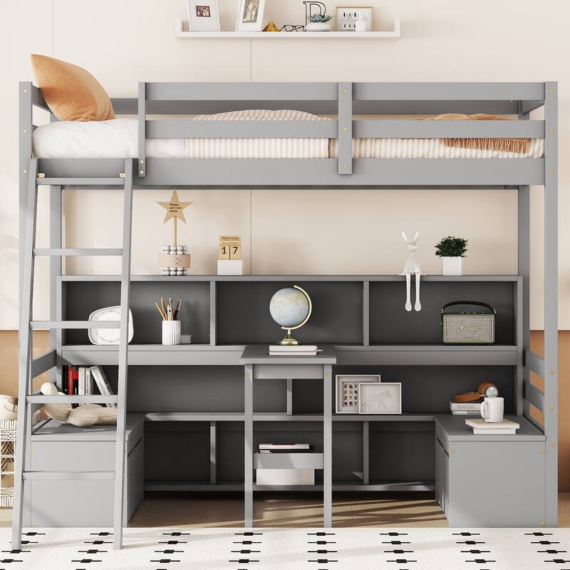 Grey Twin Wood Loft Bed with Storage & Desk - Grey