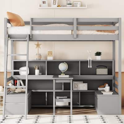 Twin Size Wood Loft Bed with Storage Shelves, Drawers, Seat And Desk for Bedroom