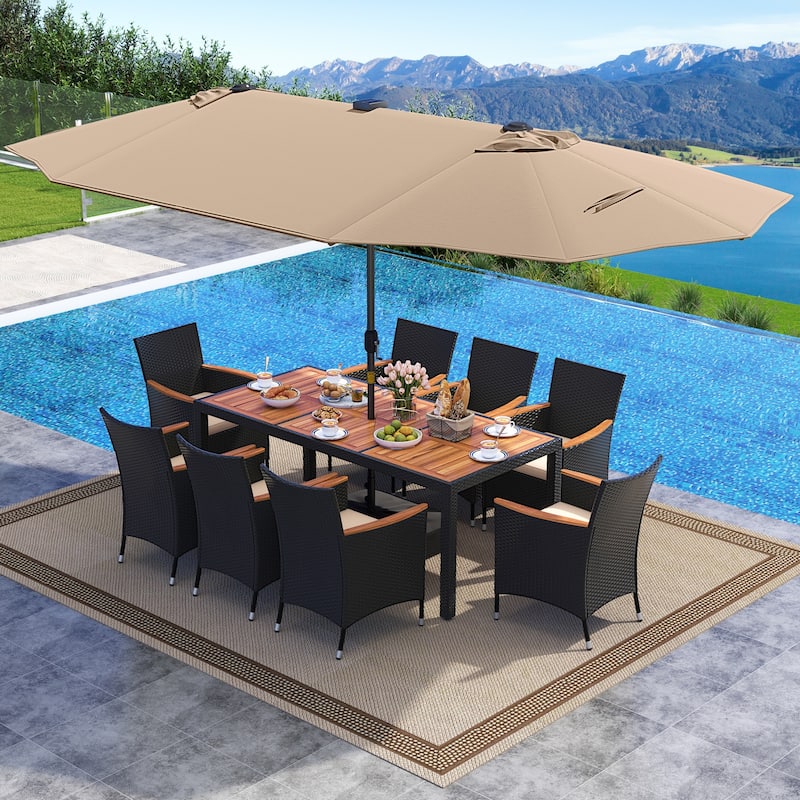 Gymax Set Of 11 Patio Dining Set w/ 15ft Double-Sided Patio Umbrella - Brown