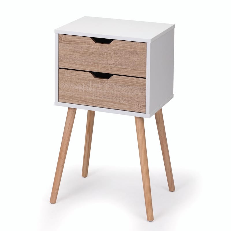 Nightstand with 2 Drawers, Solid Wood Legs, Bedside Table