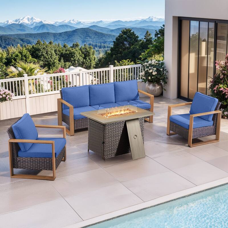 Pocassy Fire Pit Table with Outdoor Sofa Chair Ottoman Set - Brown Wicker Blue Cushion - 4-Piece Sofa Patio Chair with Fire Table