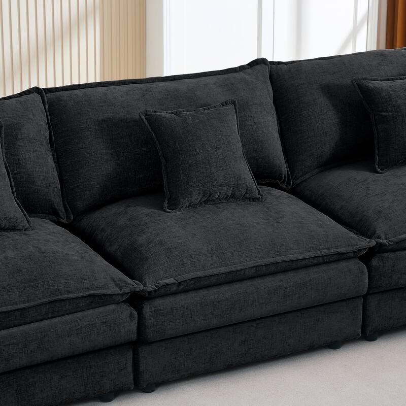 L Shaped Modular Sectional Sofa with Ottoman, Comfy Chenille Upholstered Cloud Couch, 4-Seat Deep Seat Sofa with Pillow