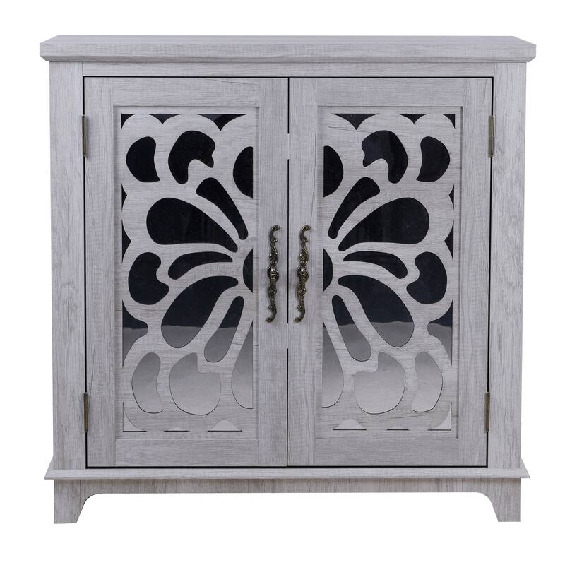 Elegant sideboard with 2 acrylic mirrored doors Sideboard and Buffet with Storage, Hollow-Carved Accent Cabinet