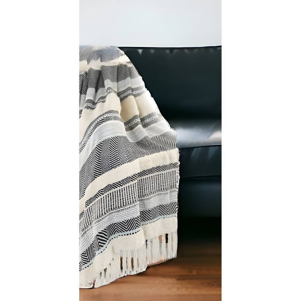 60" X 50" Cream Woven Cotton Herringbone Throw Blanket with Fringe