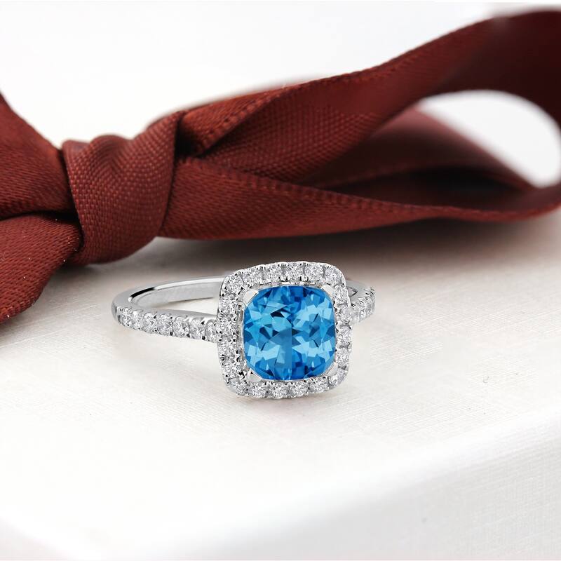 Auriya 1 1/4ct Cushion-cut Swiss Blue Topaz and Halo Diamond Engagement Ring 1/2cttw 14k Gold