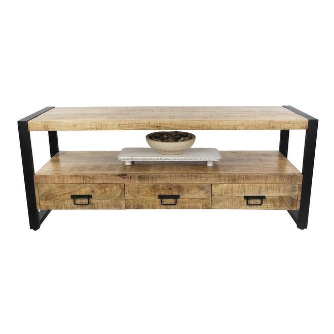 60" Solid Mango Wood Industrial TV Stand with Storage Drawers