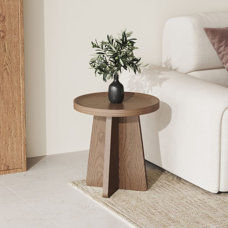 Mid Century Round Brown Solid Wood Coffee Table Set of 2, Solid wood Veneer