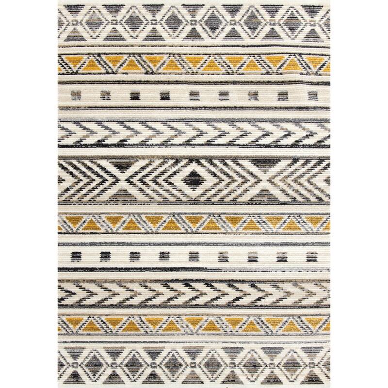 Cali Collection - Yellow/Grey/Cream Tribal Stripes Rug