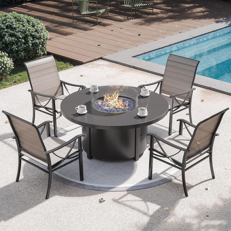 Kullavik Textilene Chairs and Round Gas Fire Pit Table, Outdoor Patio Furniture Set - 4-Seat Single Chair