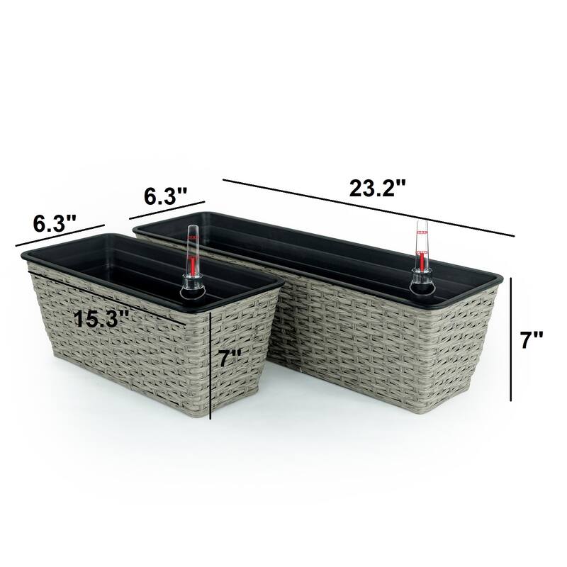 GDFStudio - Farmhouse 2-Piece Indoor/Outdoor Wicker Smart Self-Watering Rectangular Planter Pots with Water Level Indicator