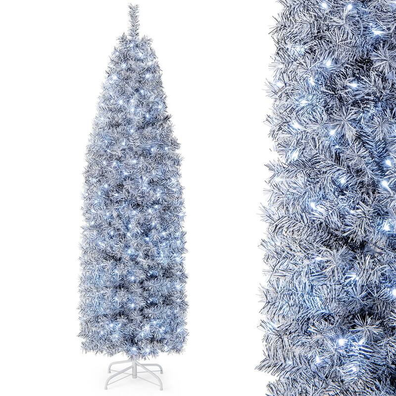 Gymax 7ft Pre-Lit Artificial Christmas Tree Hinged Slim Pencil Xmas - 7 Foot
