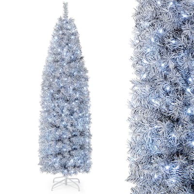 Gymax 7ft Pre-Lit Artificial Christmas Tree Hinged Slim Pencil Xmas