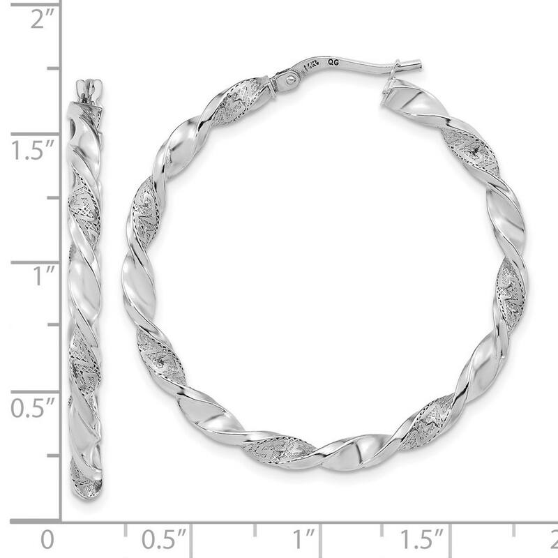 Curata 14k White Gold Polished and Textured 39.7x3mm Twisted Hoop Earrings