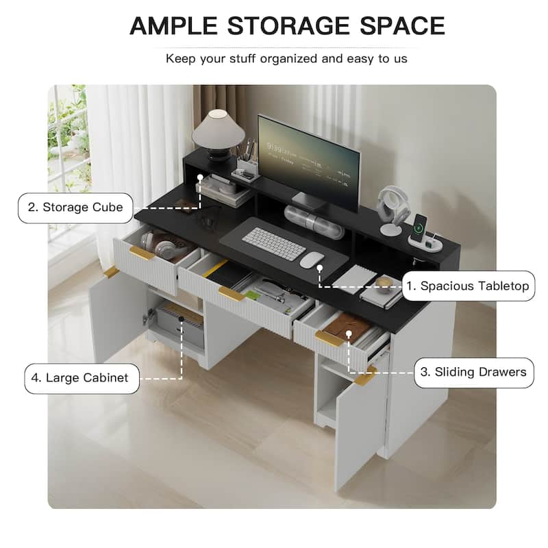 Pocassy Fluted Office Desk with Power Outlets Long Monitor Stand
