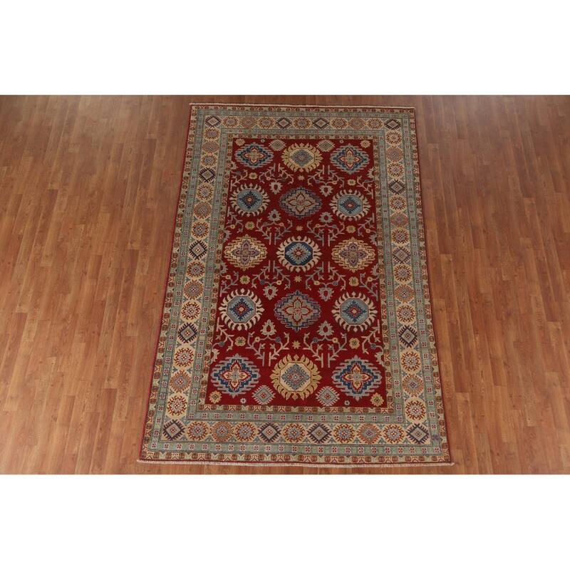 Hand Knotted Oriental 100% Wool Carpet Traditional All-Over Red Kazak Area Rug - 9' 2'' X 5' 11''