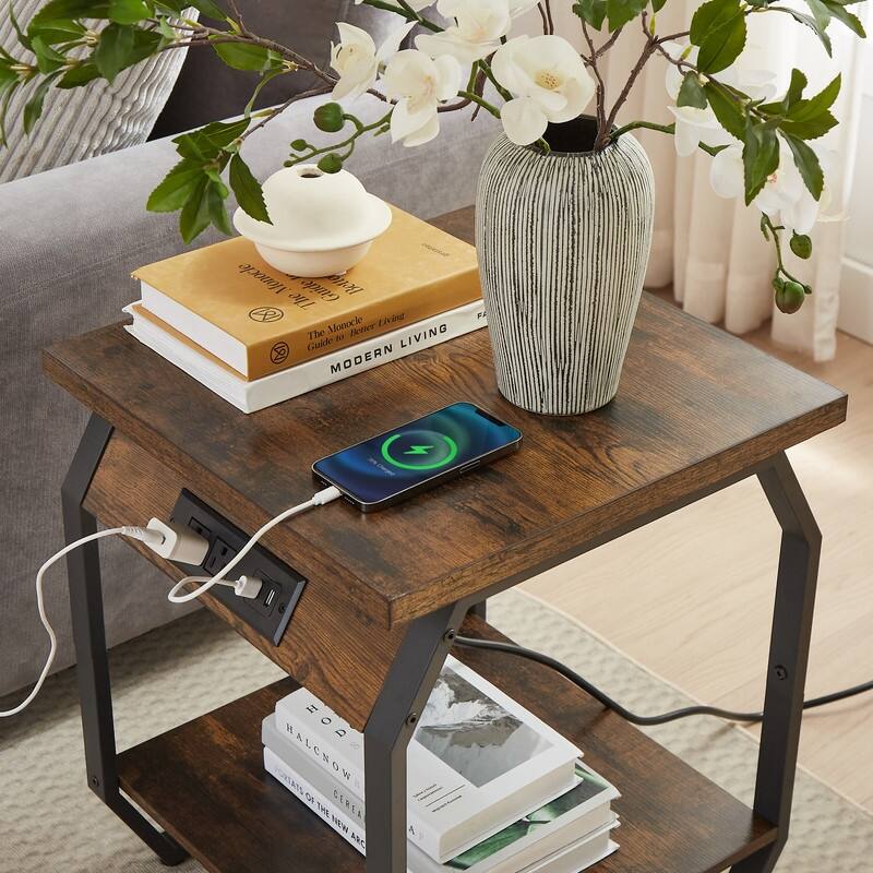 Side Table with Charging End Tables Set of 2 with USB Ports & Sockets