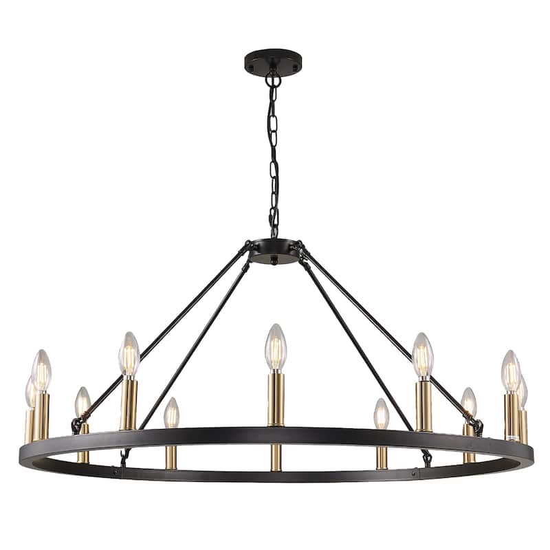 12 Lights Wagon Wheel Chandelier, Round Rustic Farmhouse Chandeliers for Dining Room Foyer Living Room Kitchen Island