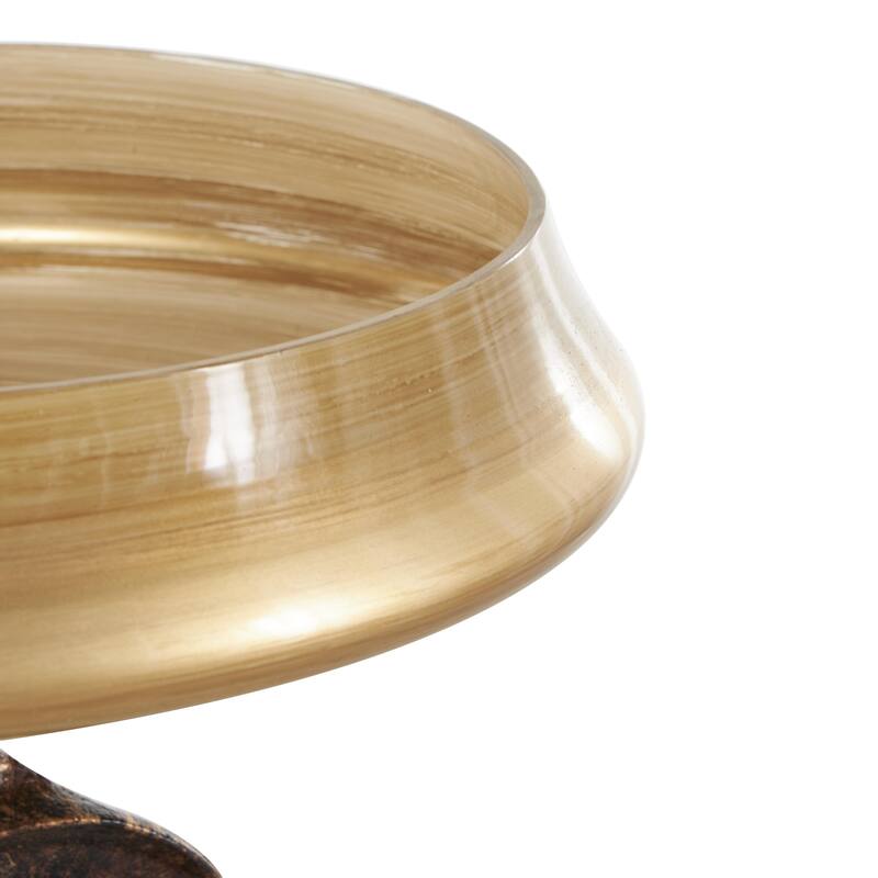 Brown Glass Wide Brushed Decorative Bowl with Textured Bronze and Black Ring Base