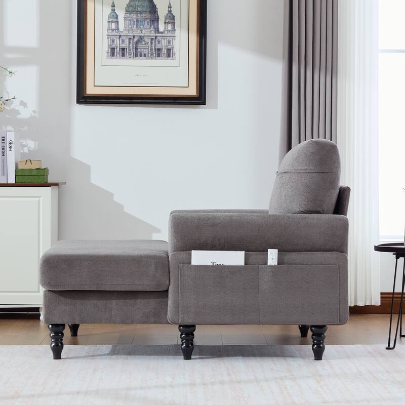 Modern Chaise Lounge Single Sofa Chair, Chenille Fabric Recliner Armchair with Side Pockets and Wooden Legs
